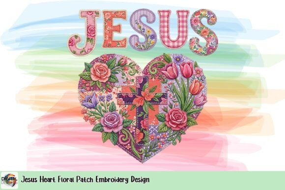 Jesus Heart Floral Patch Embroidery Design